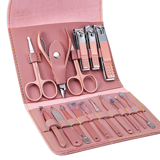 16 PCS Professional Stainless Steel Nail Clipper Manicure Pedicure Set With Leather Case