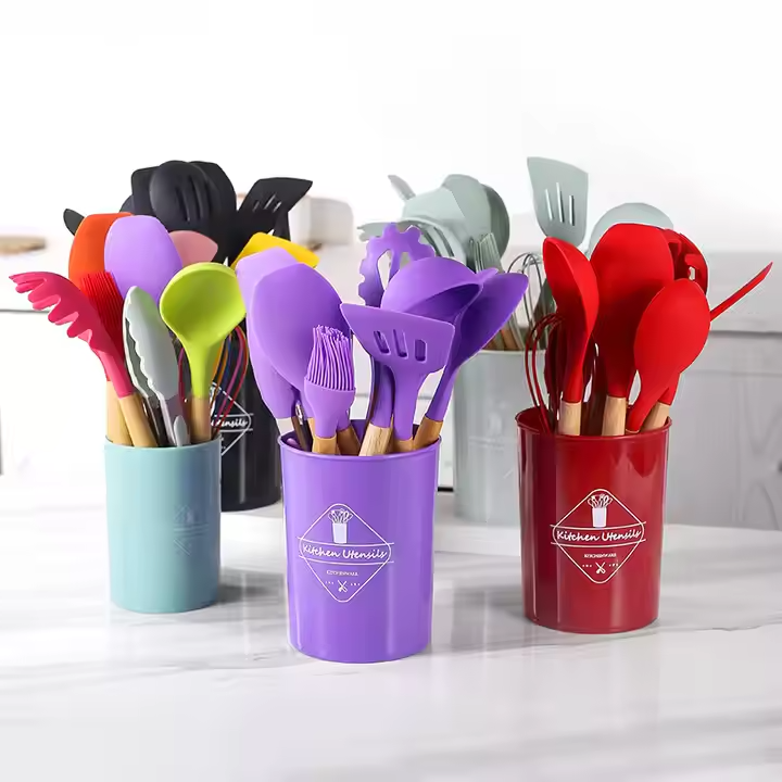 12pcs, Non-Stick Silicone Kitchen Utensil Set with Wooden Handles