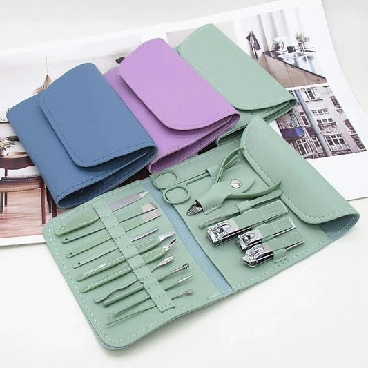 16 PCS Professional Stainless Steel Nail Clipper Manicure Pedicure Set With Leather Case