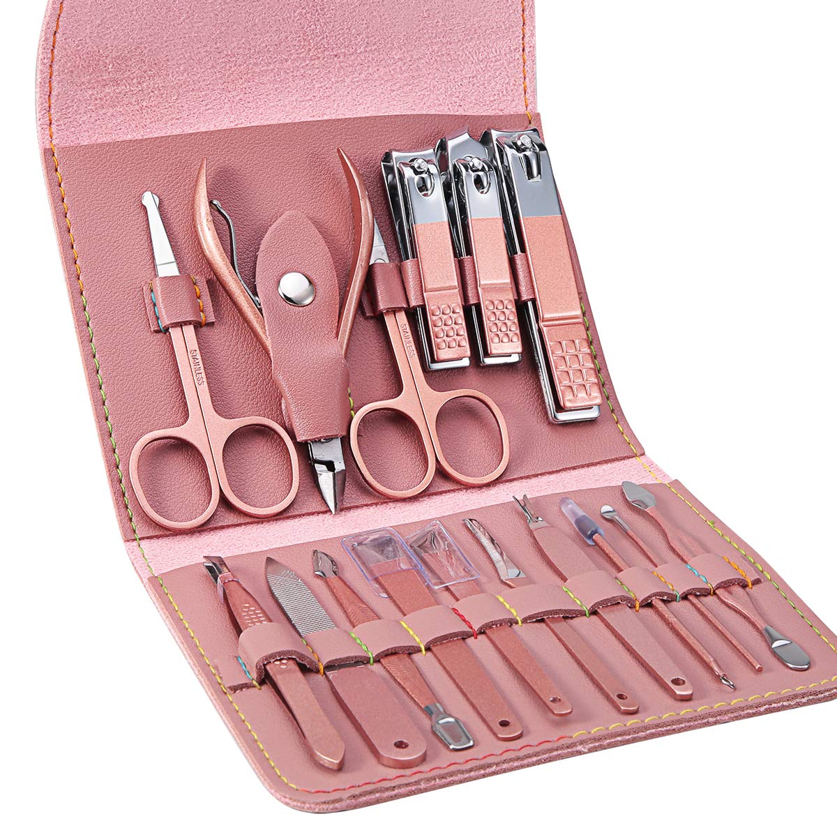 16 PCS Professional Stainless Steel Nail Clipper Manicure Pedicure Set With Leather Case