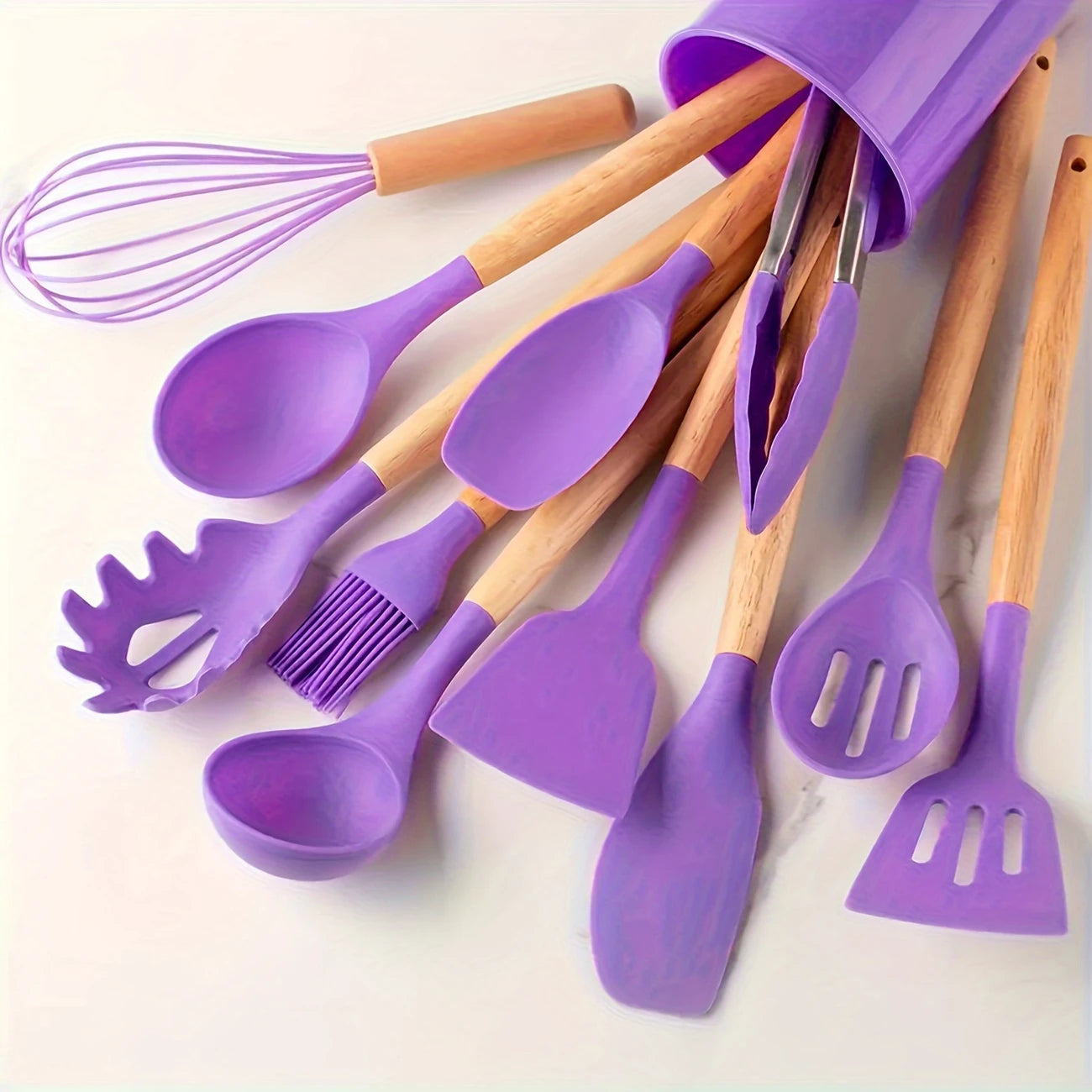 12pcs, Non-Stick Silicone Kitchen Utensil Set with Wooden Handles